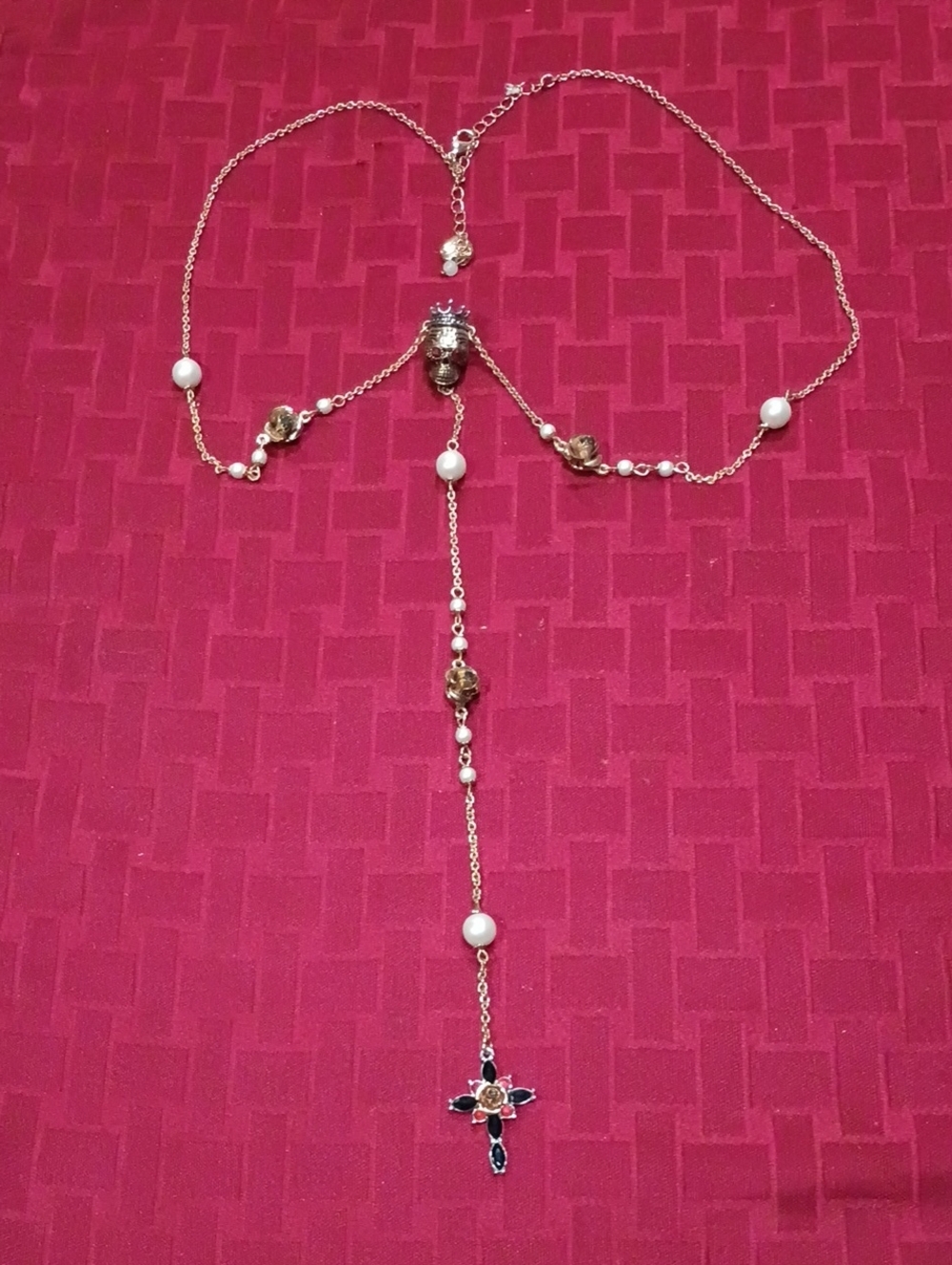 Betsey Johnson Gold-Tone Pearl Drop Necklace with Navy Crystal Cross
